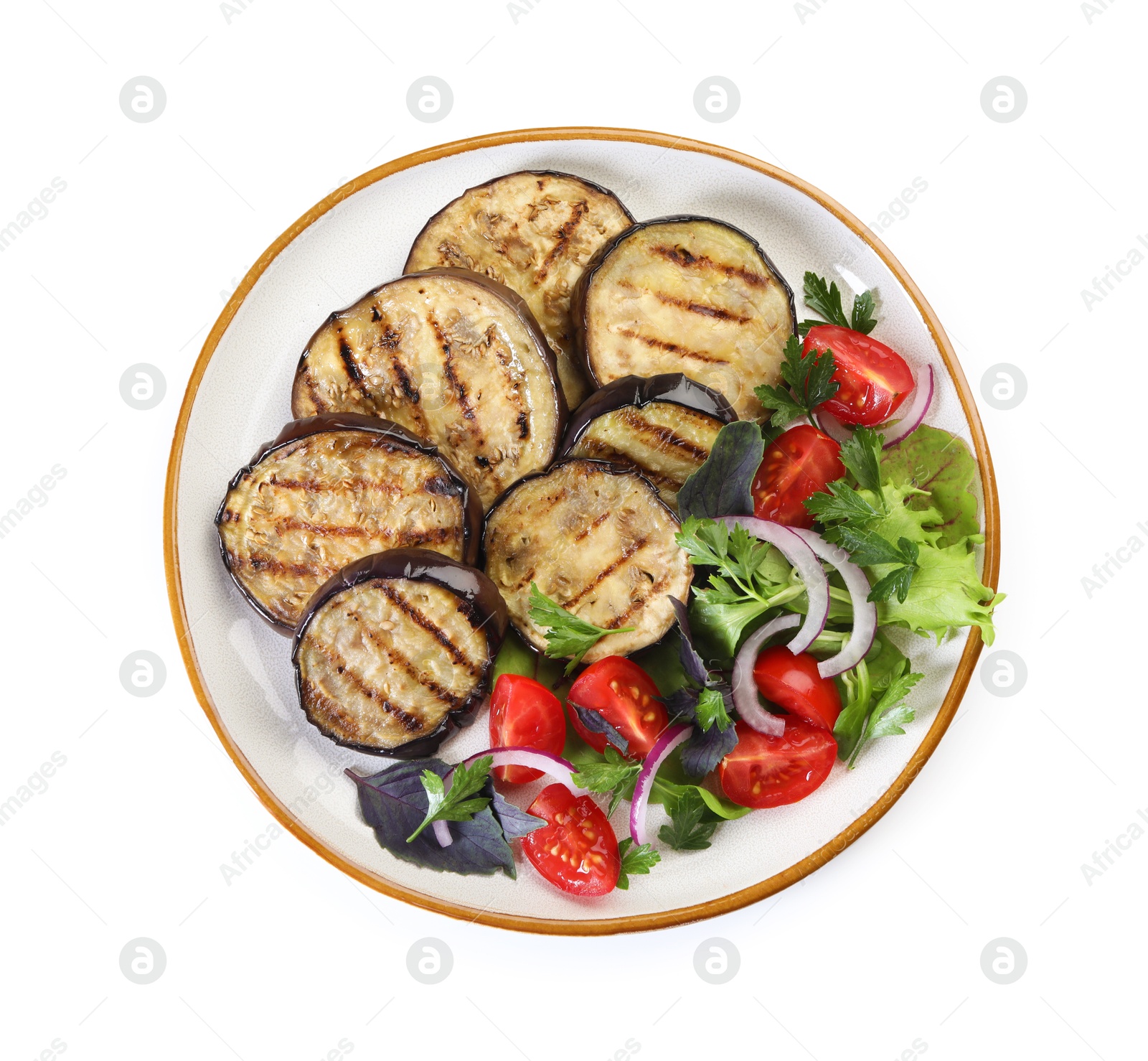 Grilled slices of eggplant with salad isolated on white, top view Photo of Grilled slices of eggplant with salad isolated on white, top view