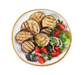 Photo of Grilled slices of eggplant with salad isolated on white, top view