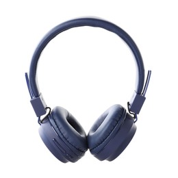 Photo of Pair of stylish blue headphones isolated on white