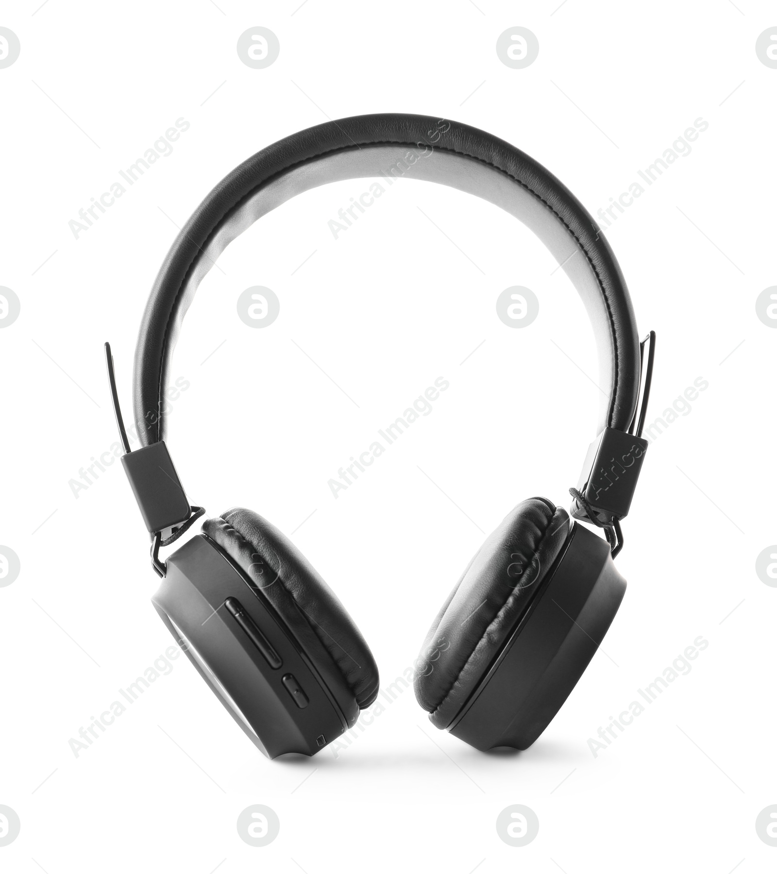 Pair of stylish black headphones isolated on white Photo of Pair of stylish black headphones isolated on white