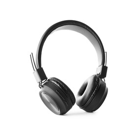 Photo of Pair of stylish black headphones isolated on white