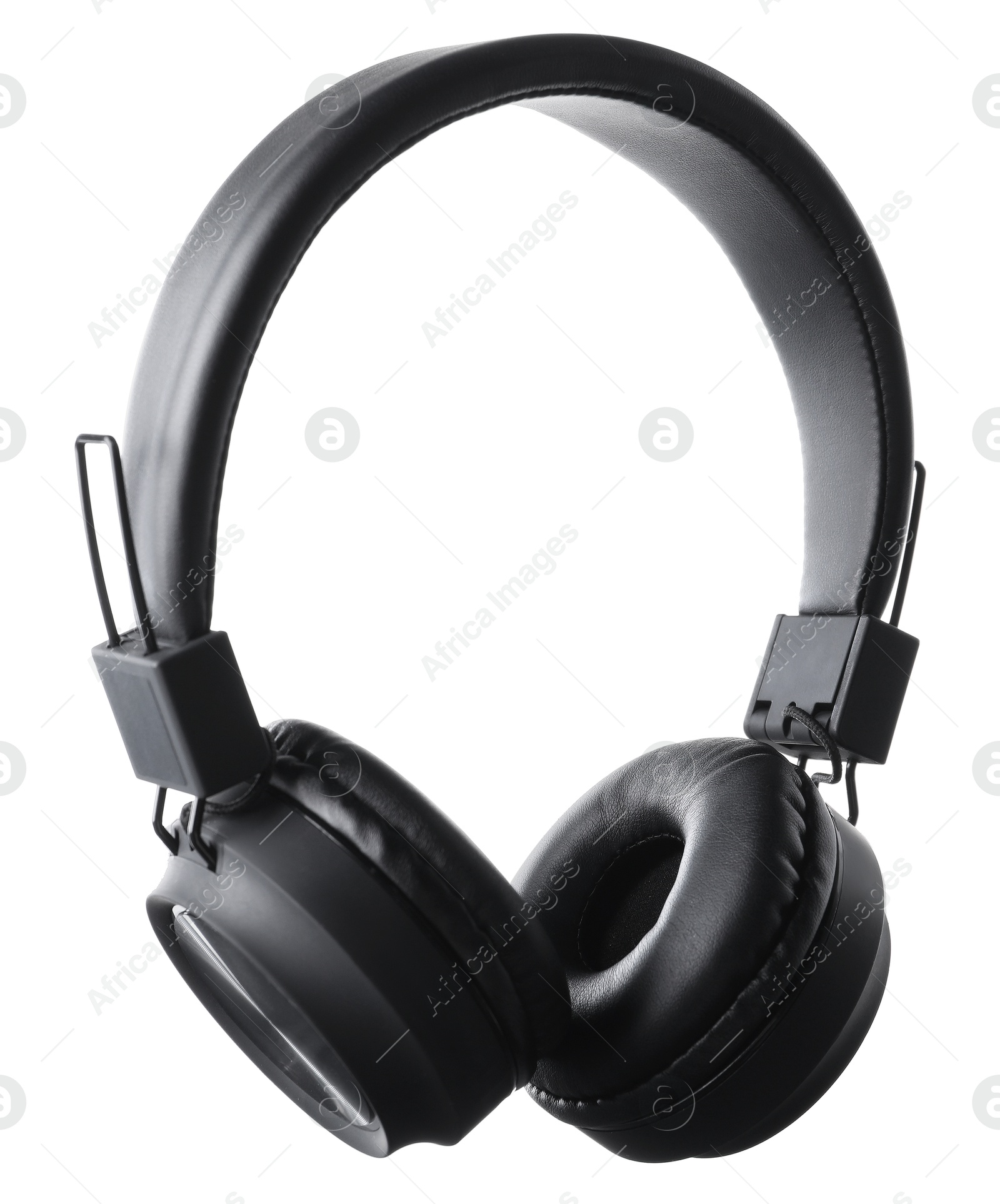 Pair of stylish black headphones isolated on white Photo of Pair of stylish black headphones isolated on white