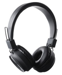 Photo of Pair of stylish black headphones isolated on white