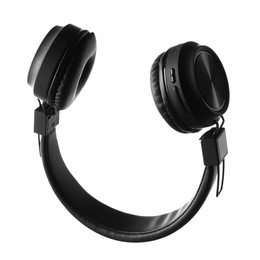 Photo of Pair of stylish black headphones isolated on white