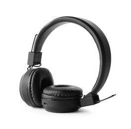 Photo of Pair of stylish black headphones isolated on white