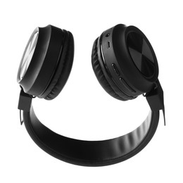 Photo of Pair of stylish black headphones isolated on white