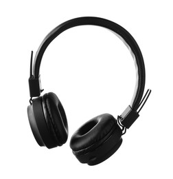 Photo of Pair of stylish black headphones isolated on white