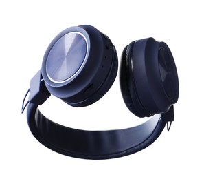 Photo of Pair of stylish blue headphones isolated on white