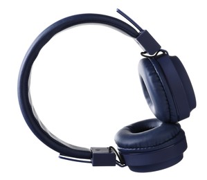 Photo of Pair of stylish blue headphones isolated on white