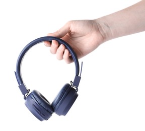 Photo of Woman with stylish blue headphones on white background, closeup