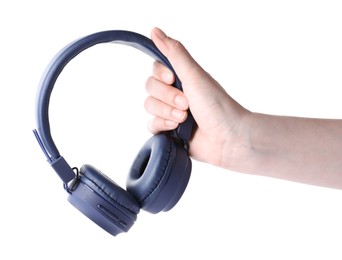 Photo of Woman with stylish blue headphones on white background, closeup