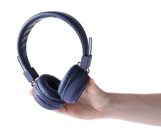 Photo of Woman with stylish blue headphones on white background, closeup