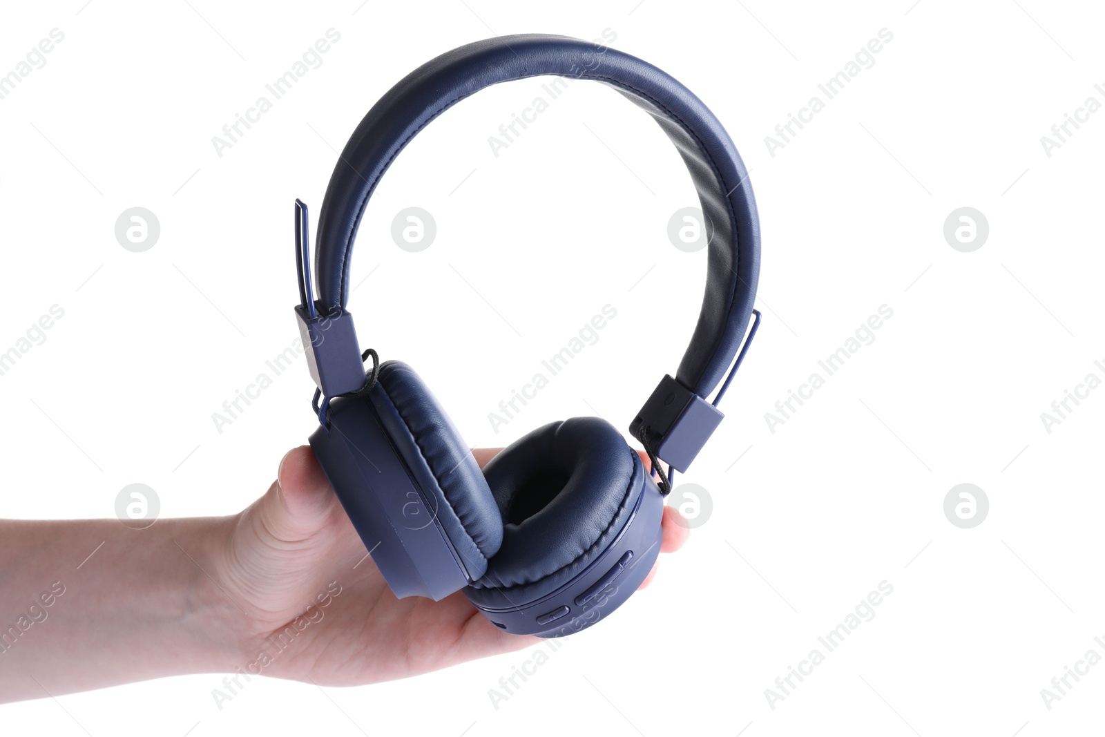 Photo of Woman with stylish blue headphones on white background, closeup