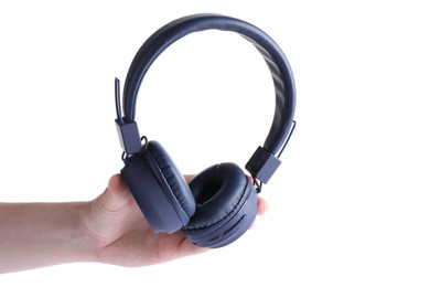 Photo of Woman with stylish blue headphones on white background, closeup