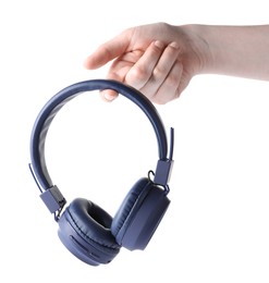 Photo of Woman with stylish blue headphones on white background, closeup