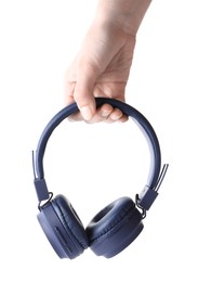 Photo of Woman with stylish blue headphones on white background, closeup