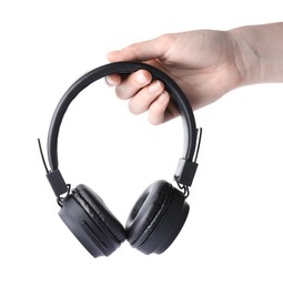 Photo of Woman with stylish black headphones on white background, closeup