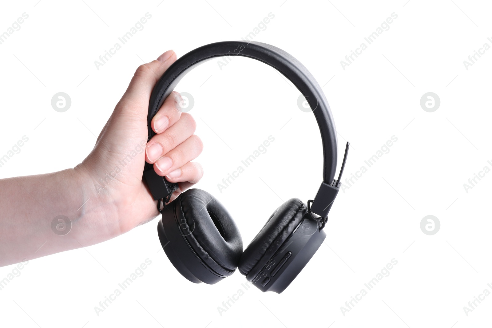 Photo of Woman with stylish black headphones on white background, closeup