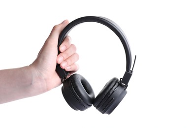 Photo of Woman with stylish black headphones on white background, closeup