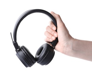 Photo of Woman with stylish black headphones on white background, closeup