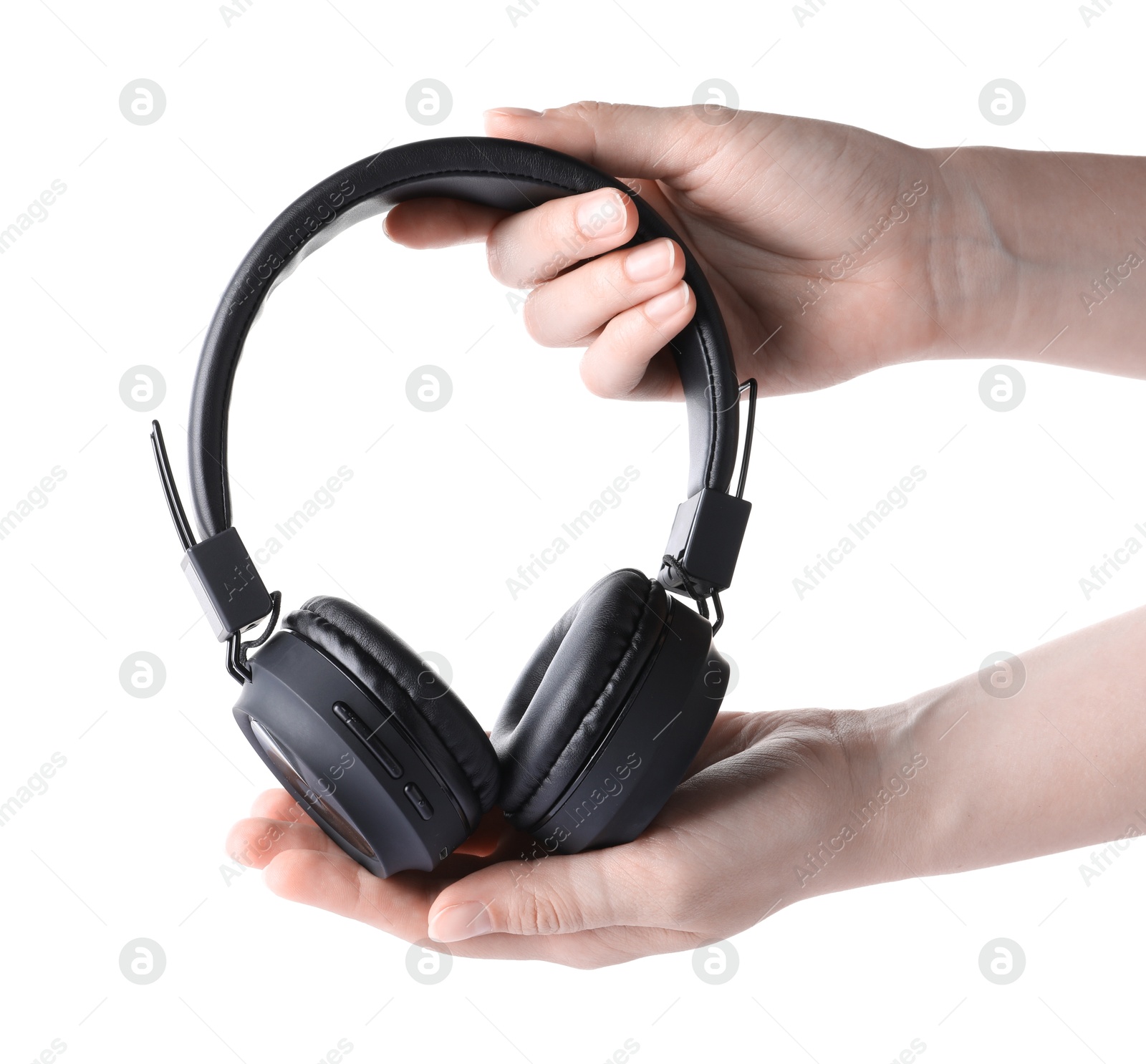 Photo of Woman with stylish black headphones on white background, closeup