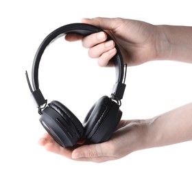 Photo of Woman with stylish black headphones on white background, closeup