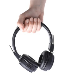 Photo of Woman with stylish black headphones on white background, closeup