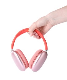 Photo of Woman with stylish pink headphones on white background, closeup
