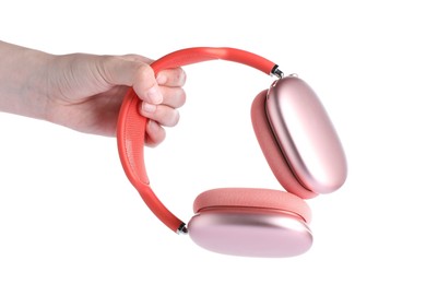 Photo of Woman with stylish pink headphones on white background, closeup
