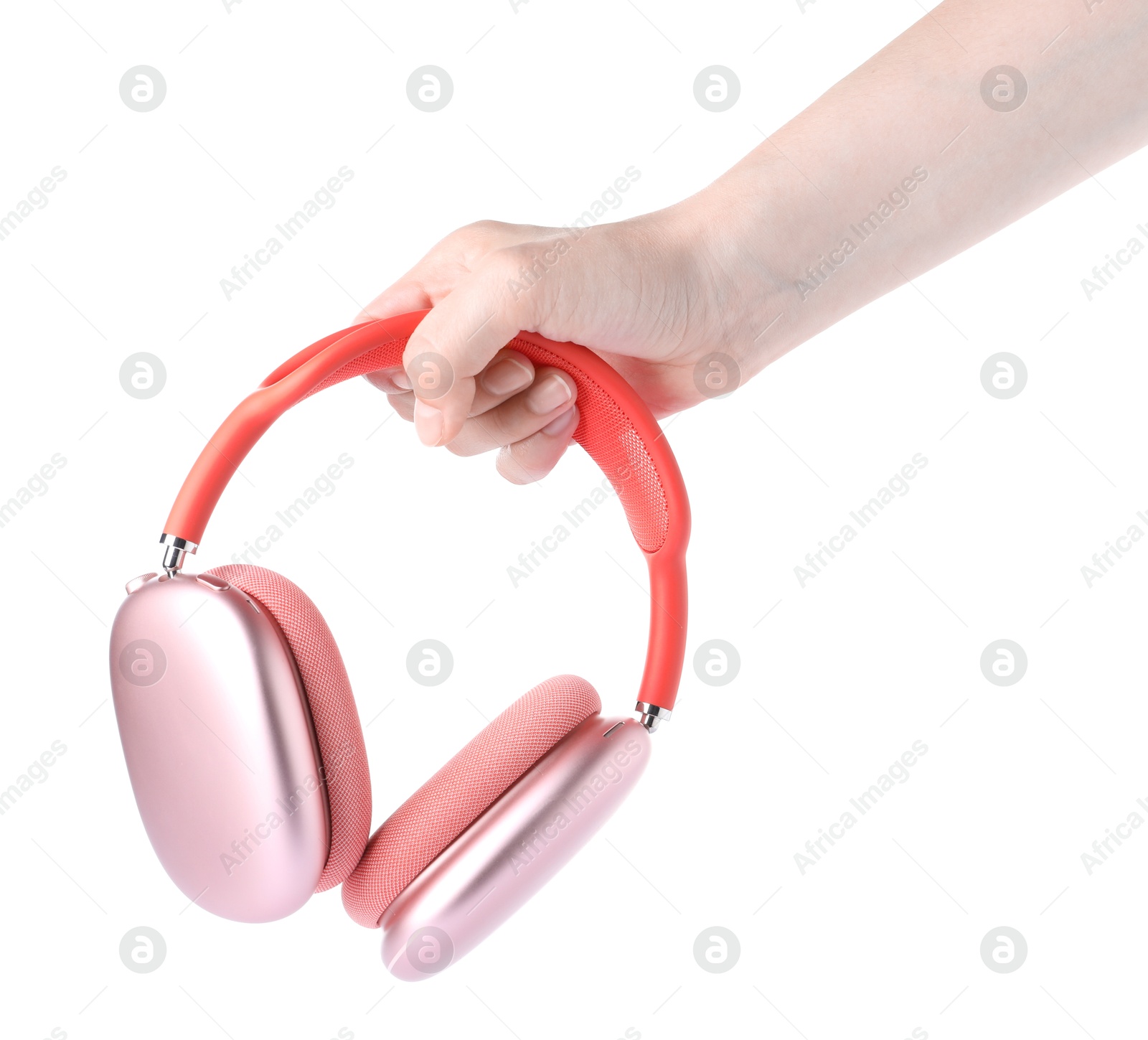 Photo of Woman with stylish pink headphones on white background, closeup