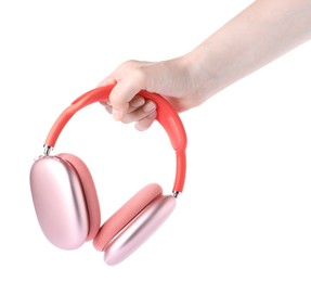 Photo of Woman with stylish pink headphones on white background, closeup