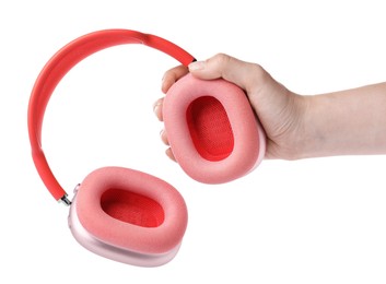 Photo of Woman with stylish pink headphones on white background, closeup