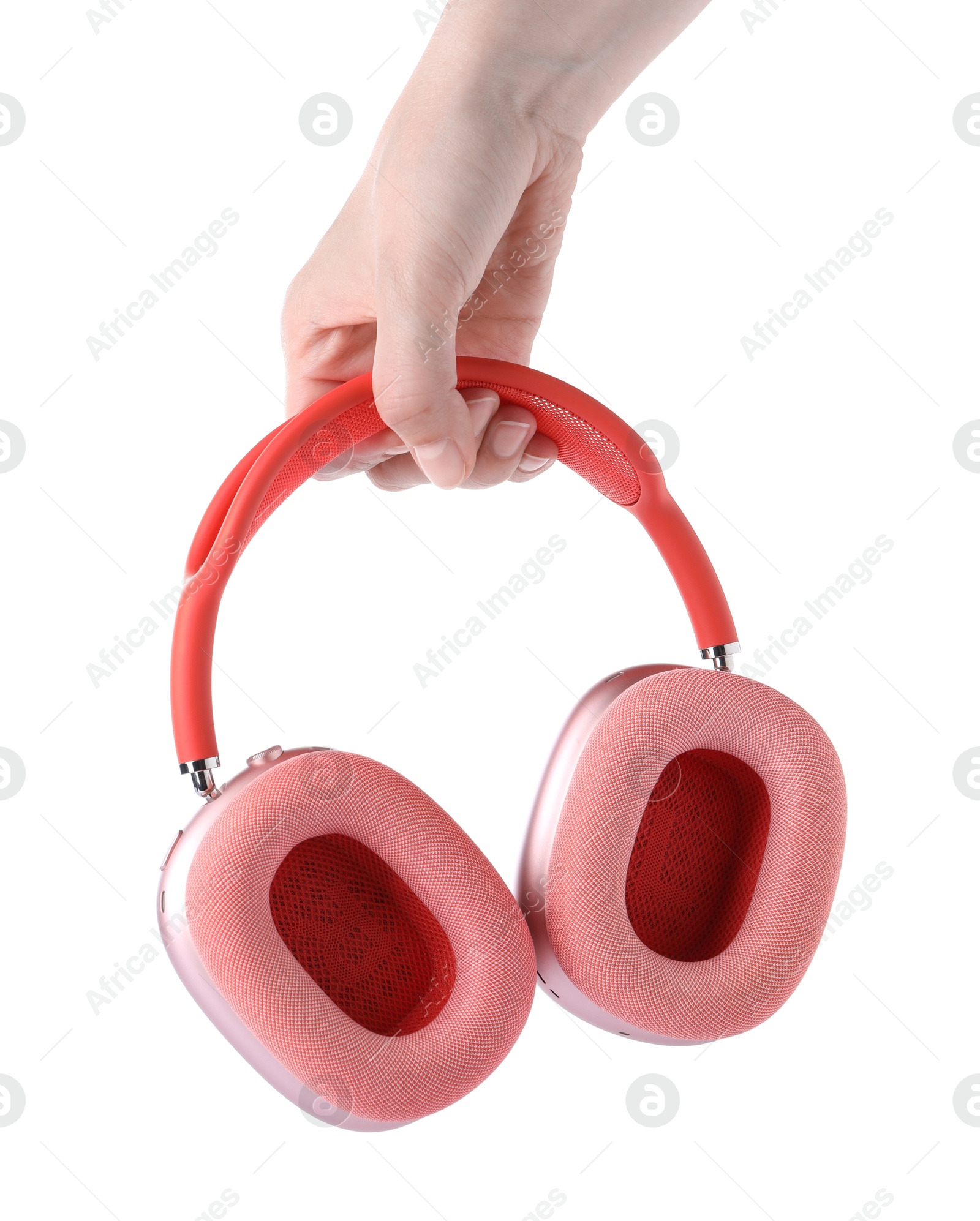 Photo of Woman with stylish pink headphones on white background, closeup
