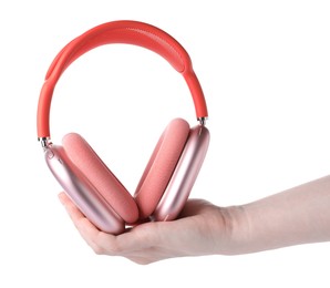Photo of Woman with stylish pink headphones on white background, closeup