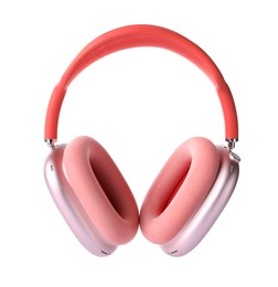 Photo of Pair of stylish pink headphones isolated on white