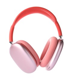 Photo of Pair of stylish pink headphones isolated on white