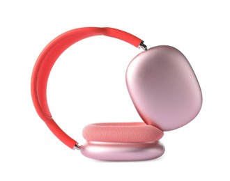 Photo of Pair of stylish pink headphones isolated on white