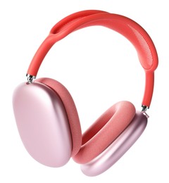 Photo of Pair of stylish pink headphones isolated on white