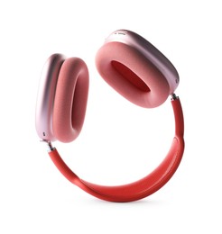 Photo of Pair of stylish pink headphones isolated on white