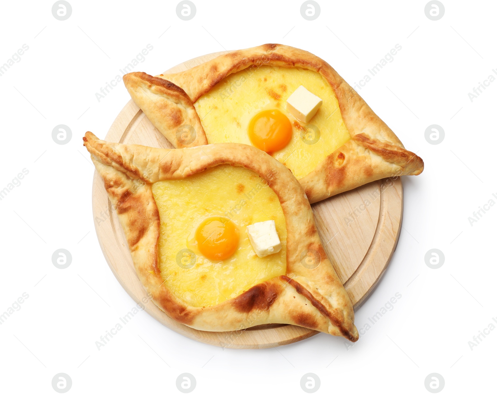 Tasty khachapuri with cheese and egg isolated on white, top view Photo of Tasty khachapuri with cheese and egg isolated on white, top view