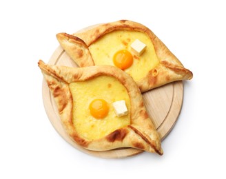 Photo of Tasty khachapuri with cheese and egg isolated on white, top view