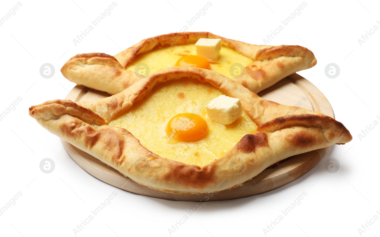 Tasty khachapuri with cheese and egg isolated on white Photo of Tasty khachapuri with cheese and egg isolated on white