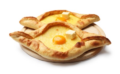 Photo of Tasty khachapuri with cheese and egg isolated on white