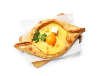 Photo of Tasty khachapuri with cheese, egg and parsley isolated on white, top view