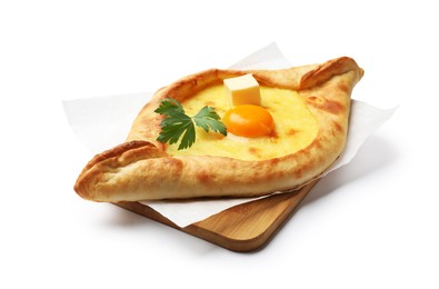 Photo of Tasty khachapuri with cheese, egg and parsley isolated on white