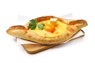Photo of Tasty khachapuri with cheese, egg and parsley isolated on white