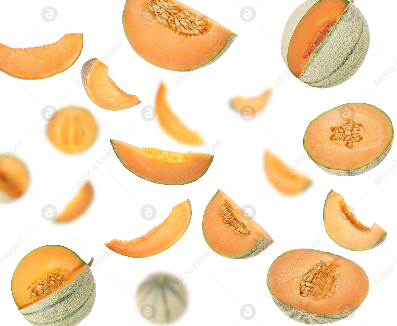 Tasty ripe Cantaloupe melons swirling in air against white background Image of Tasty ripe Cantaloupe melons swirling in air against white background