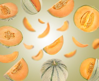 Image of Tasty ripe Cantaloupe melons swirling in air against color gradient background