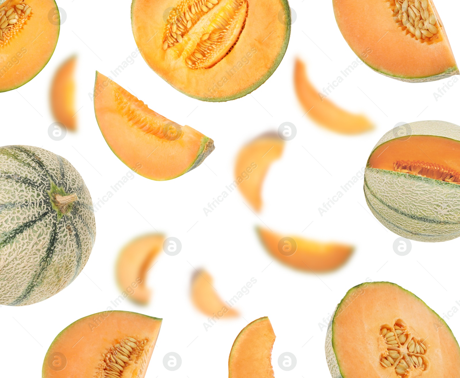 Image of Tasty ripe Cantaloupe melons swirling in air against white background