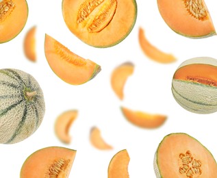 Image of Tasty ripe Cantaloupe melons swirling in air against white background